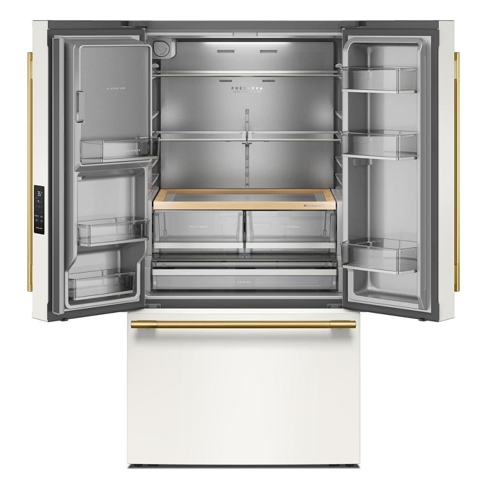 30 Cu. Ft. 36-Inch French Door Refrigerator with Exterior Water and Ice Dispenser and Wood-Look Sliding Tray in Porcelain White