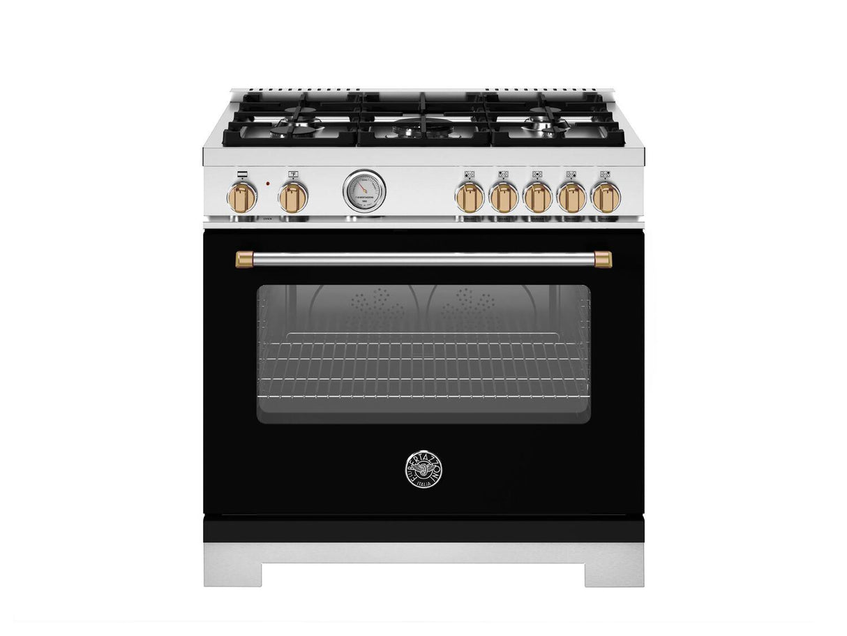 36 inch Dual Fuel Range, 5 Burner, Electric Oven - Gold Accents Bianco Matt