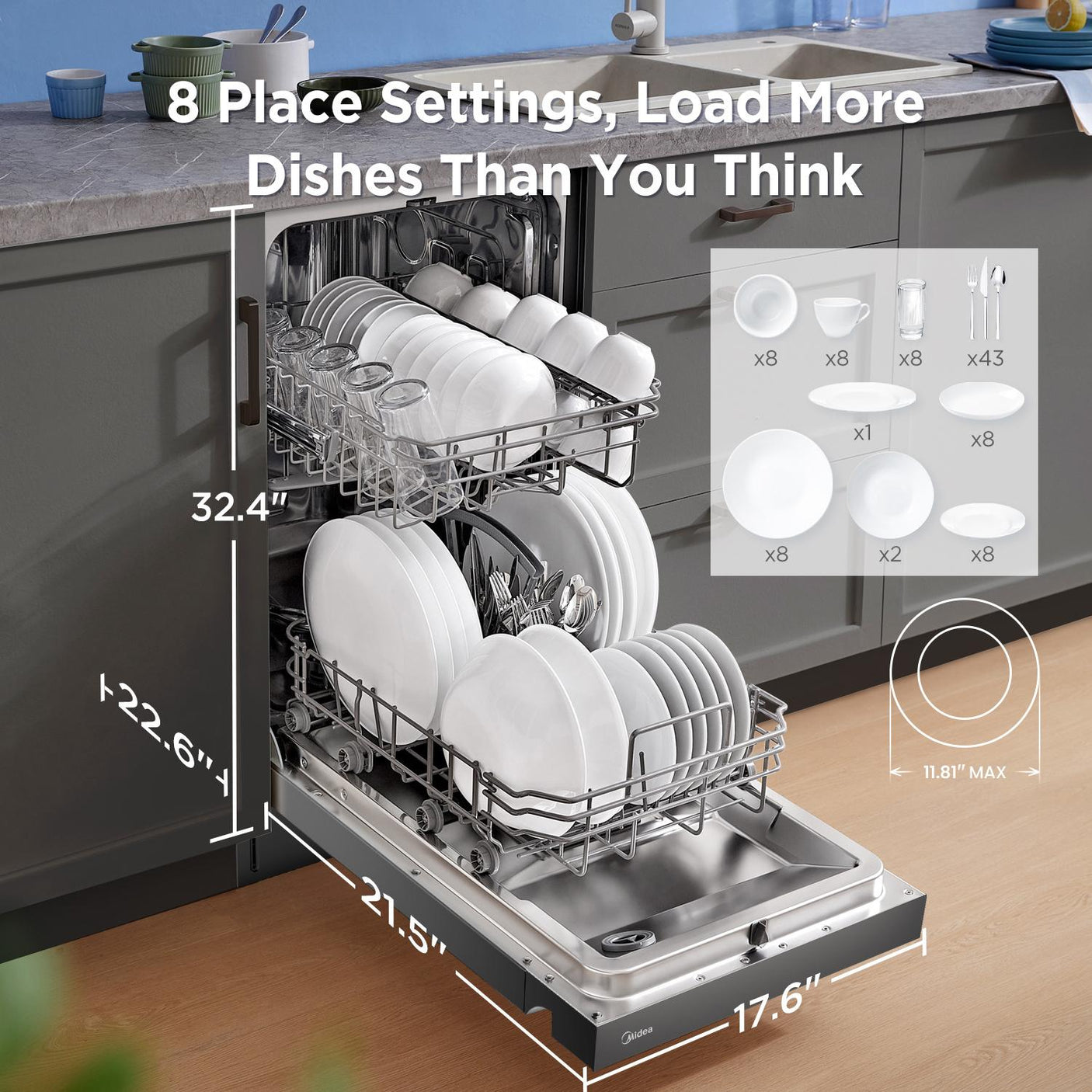 Midea 18" Front Control Dishwasher with Heated Dry