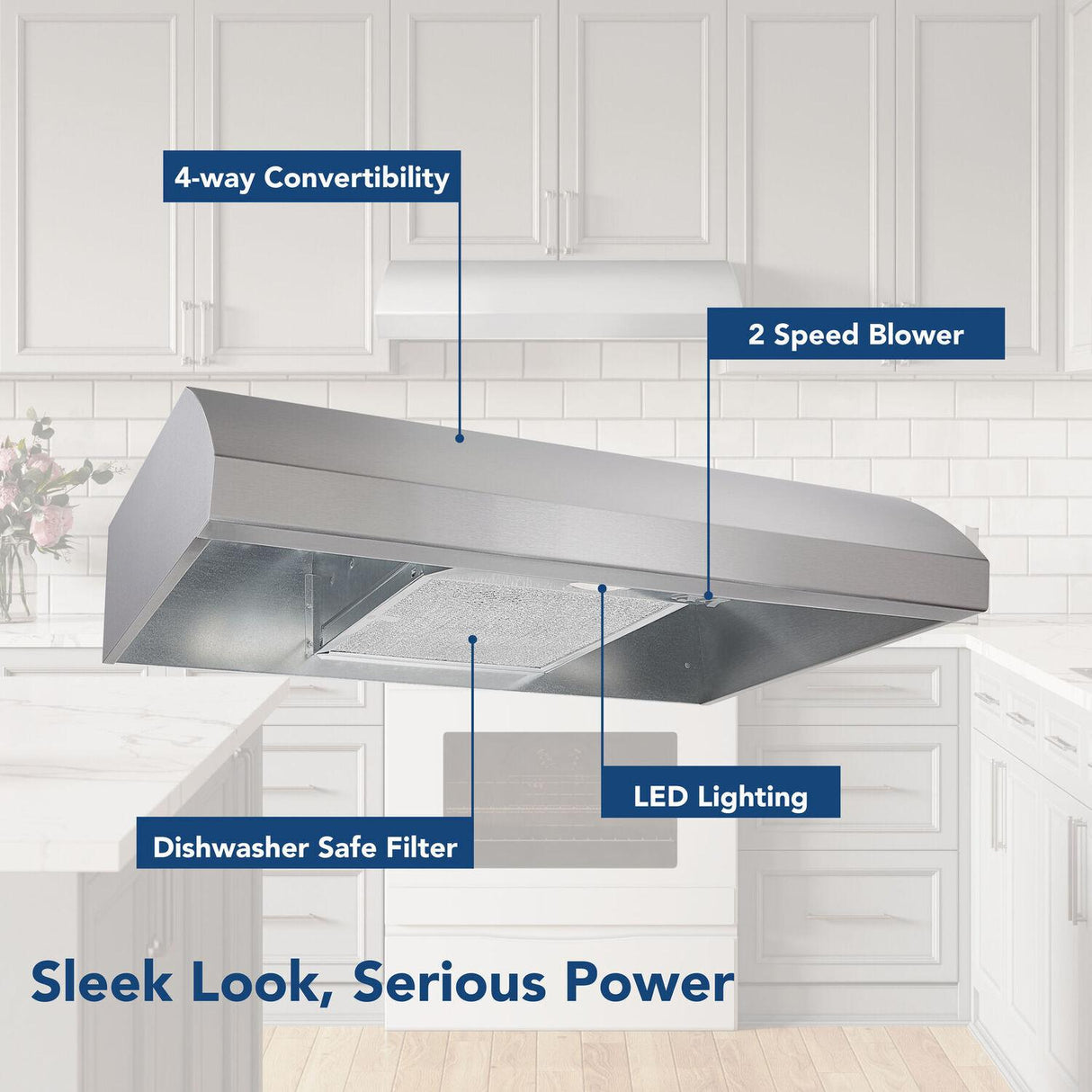 Broan® 30-Inch 4-Way Convertible Under-Cabinet Range Hood, 270 Max CFM, Stainless Steel