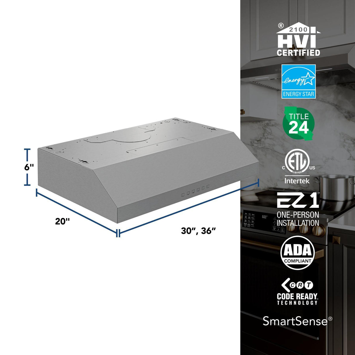 Glacier 36-Inch 490 MAX Blower CFM 1.0 Sones Stainless Range Hood