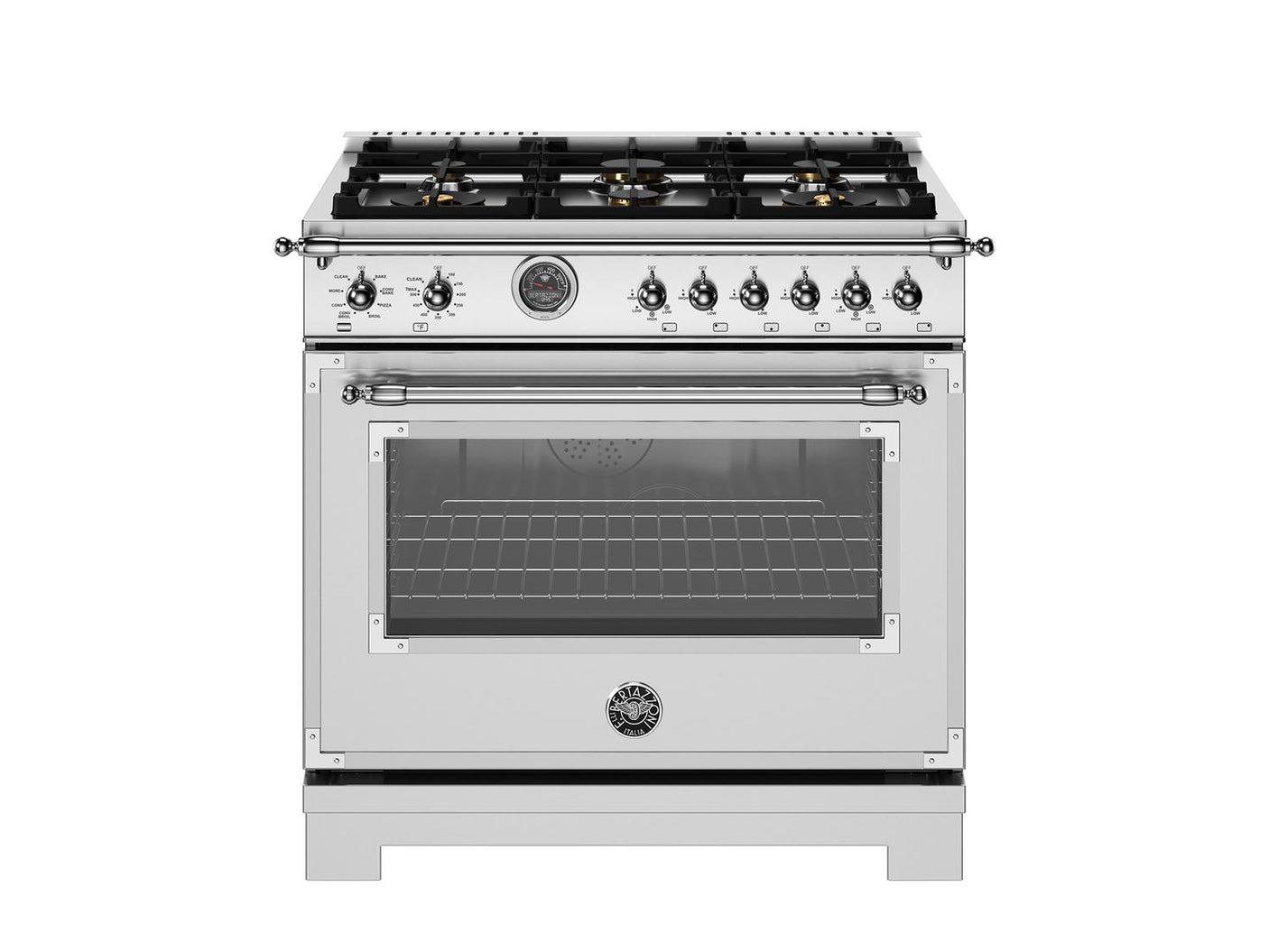 36 inch Dual Fuel Range, 6 Brass Burner and Cast Iron Griddle, Electric Self-Clean Oven Stainless Steel