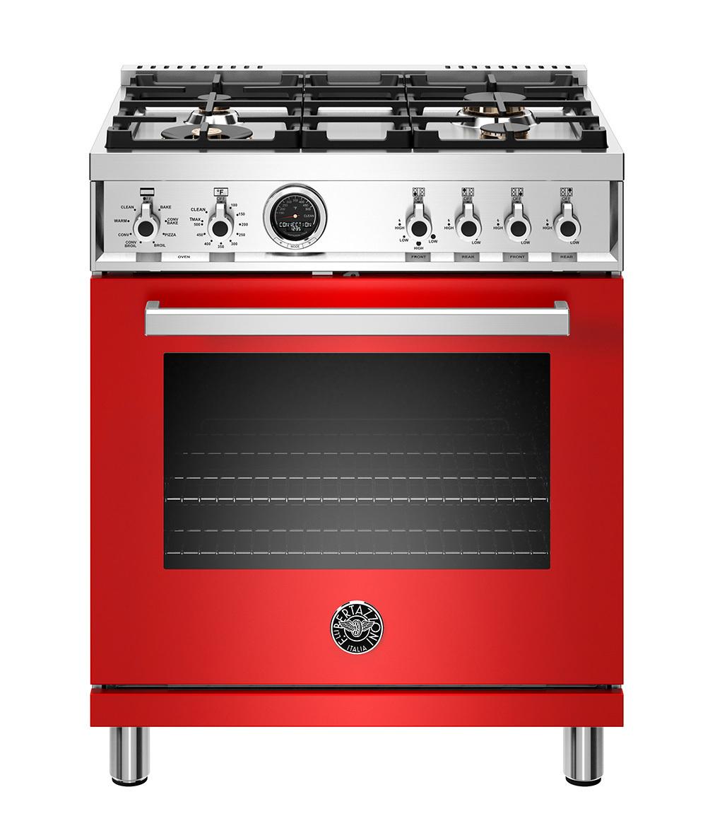 30 inch Dual Fuel Range, 4 Brass Burner, Electric Self-Clean Oven Rosso