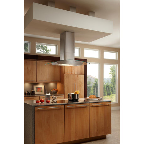 DISCONTINUEDBroan® Elite 35-3/8-Inch x 25-5/8-Inch Convertible Curved Glass Canopy Island Range Hood, 520 Max Blower CFM