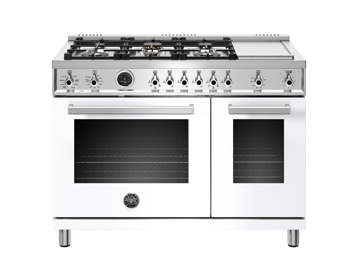 48 inch Dual Fuel Range, 6 Brass Burners and Griddle , Electric Self Clean Oven Bianco