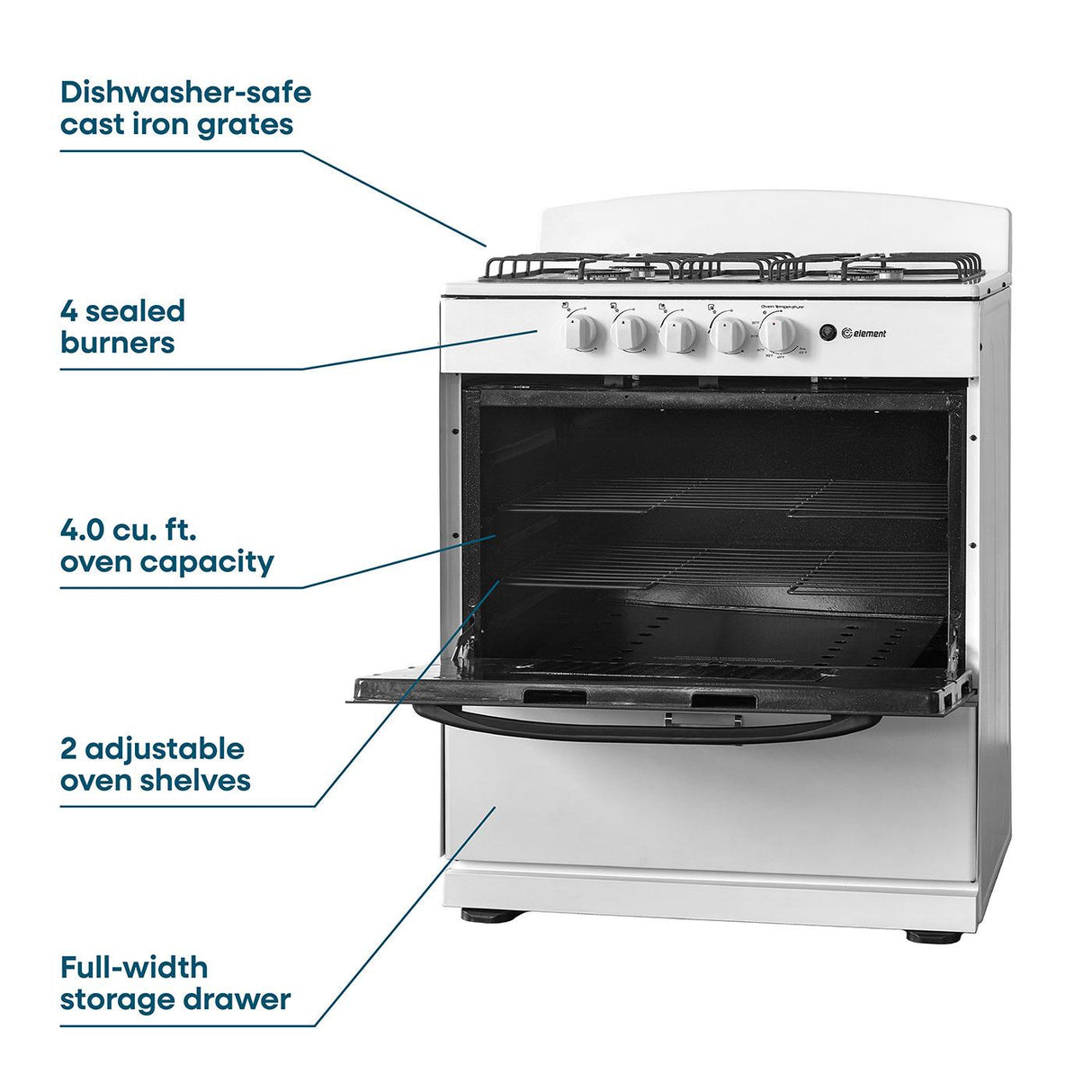 Element Electronics 4.0 cu. ft. 30", 4-Burner Gas Range (EEGR3A4MCCW)