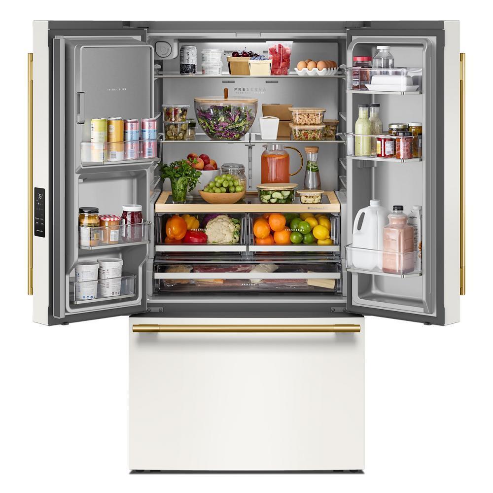 30 Cu. Ft. 36-Inch French Door Refrigerator with Exterior Water and Ice Dispenser and Wood-Look Sliding Tray in Porcelain White