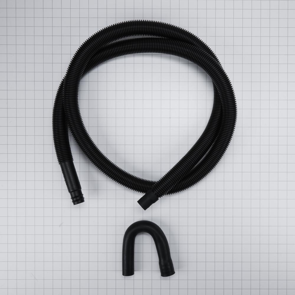 8' Black washer drain hose with molded and straight plastic fittings, U-shape rubber nozzle, and spring clamp - 1 pack