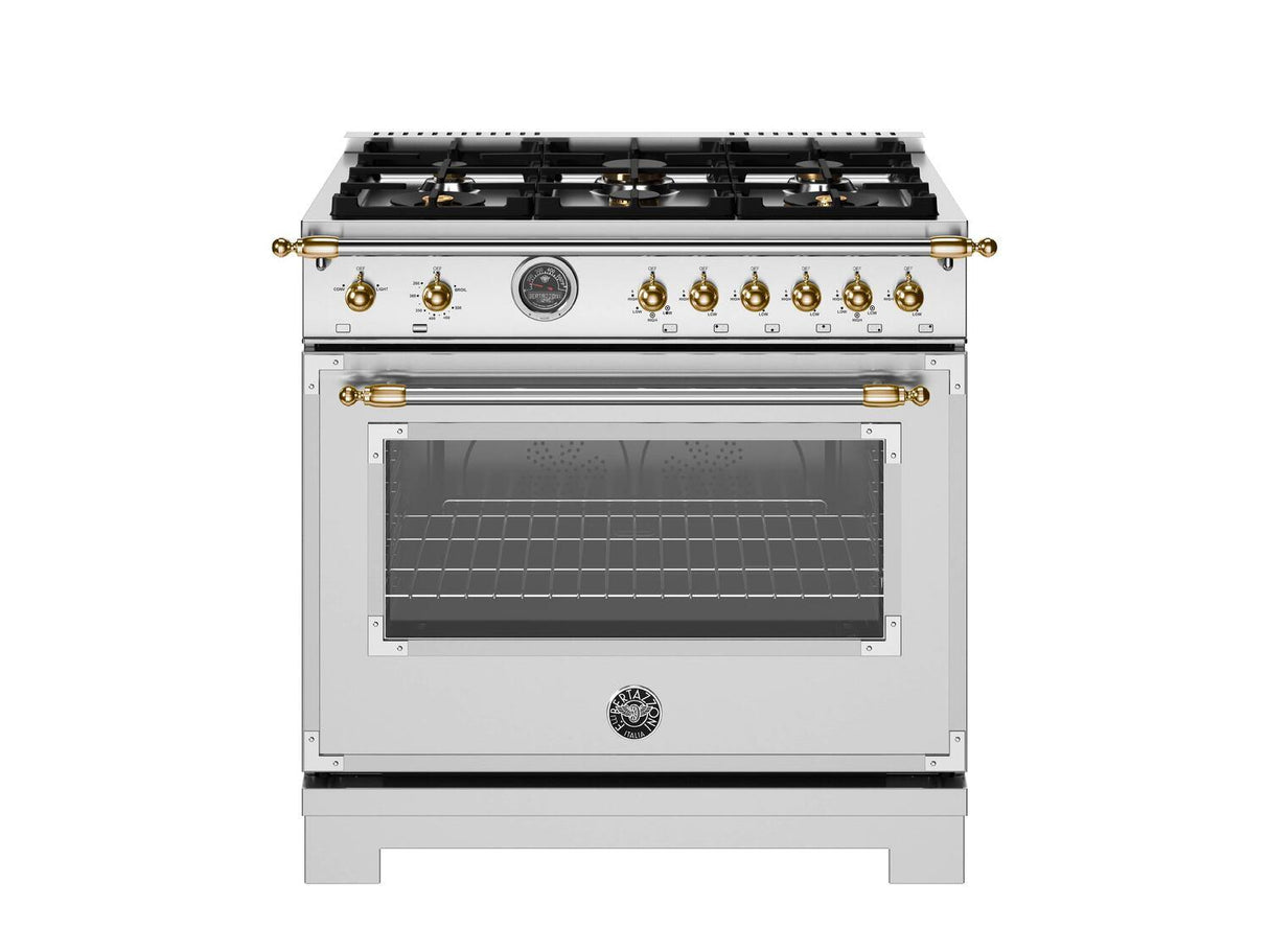 36 inch All Gas Range, 6 Brass Burners and Cast Iron Griddle - Gold Accents Stainless Steel