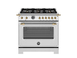 36 inch All Gas Range, 6 Brass Burners and Cast Iron Griddle - Gold Accents Stainless Steel