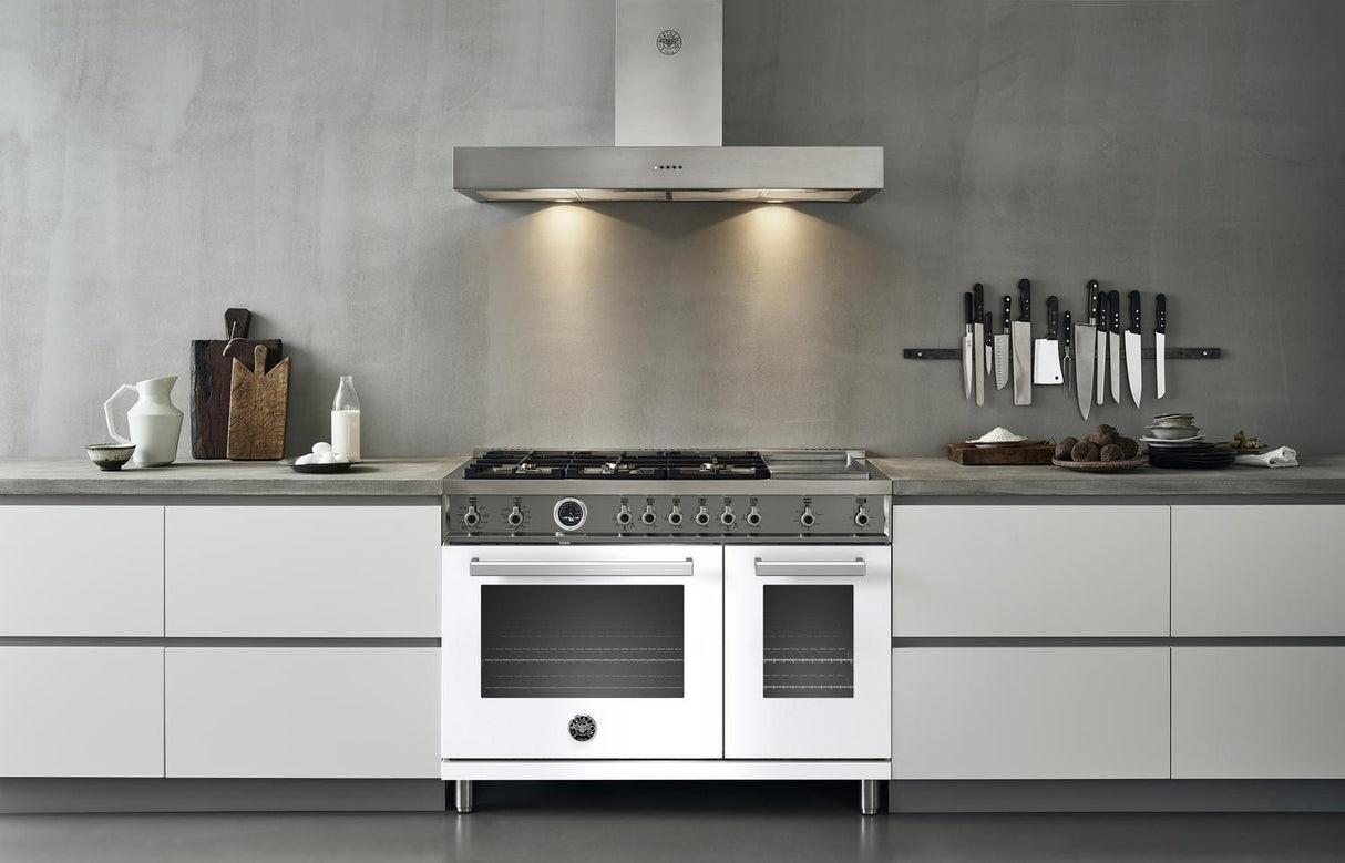 48 inch Dual Fuel Range, 6 Brass Burners and Griddle , Electric Self Clean Oven Bianco