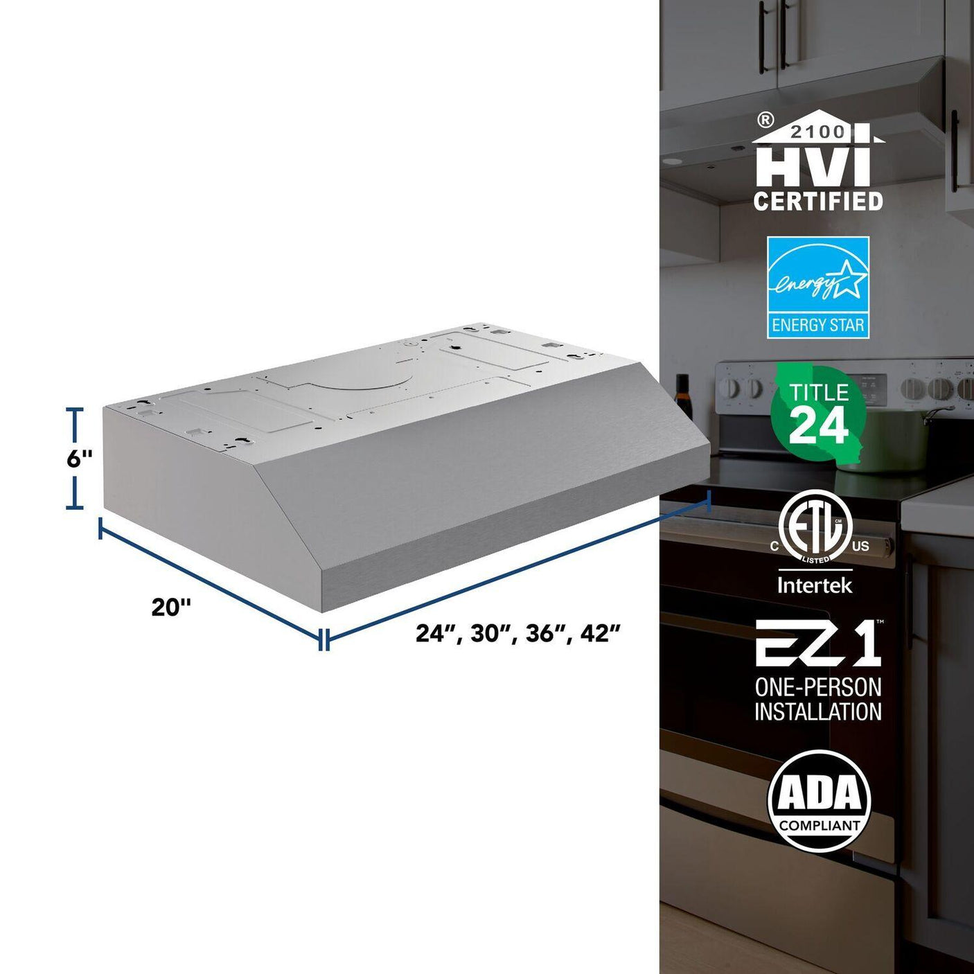 Glacier 42-Inch 350 MAX Blower CFM 1.5 Sones Stainless Steel Range Hood