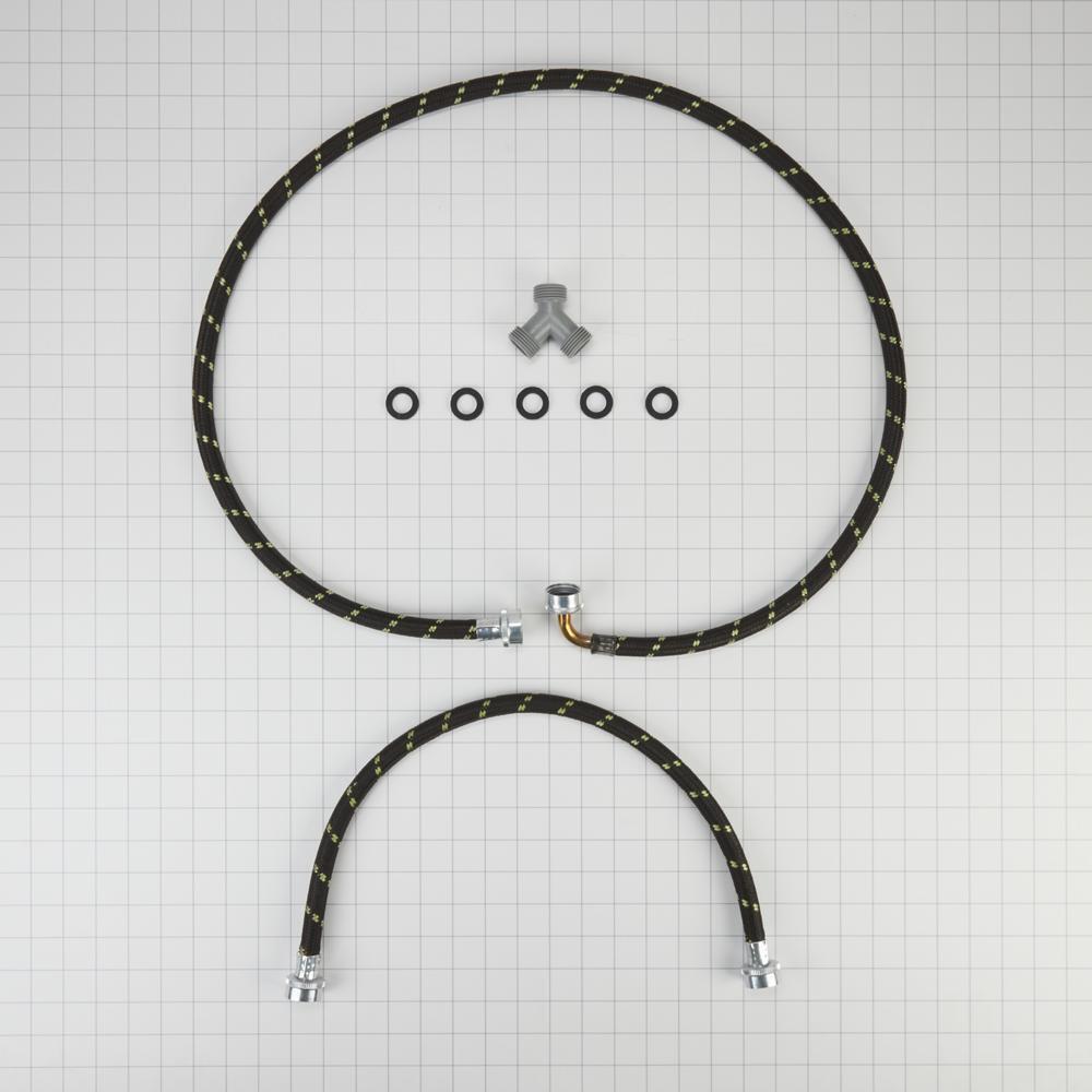 2' and 5' Black braided steam dryer hose kit with 90-degree elbow, Y-connector, and 5 washers - 1 pack