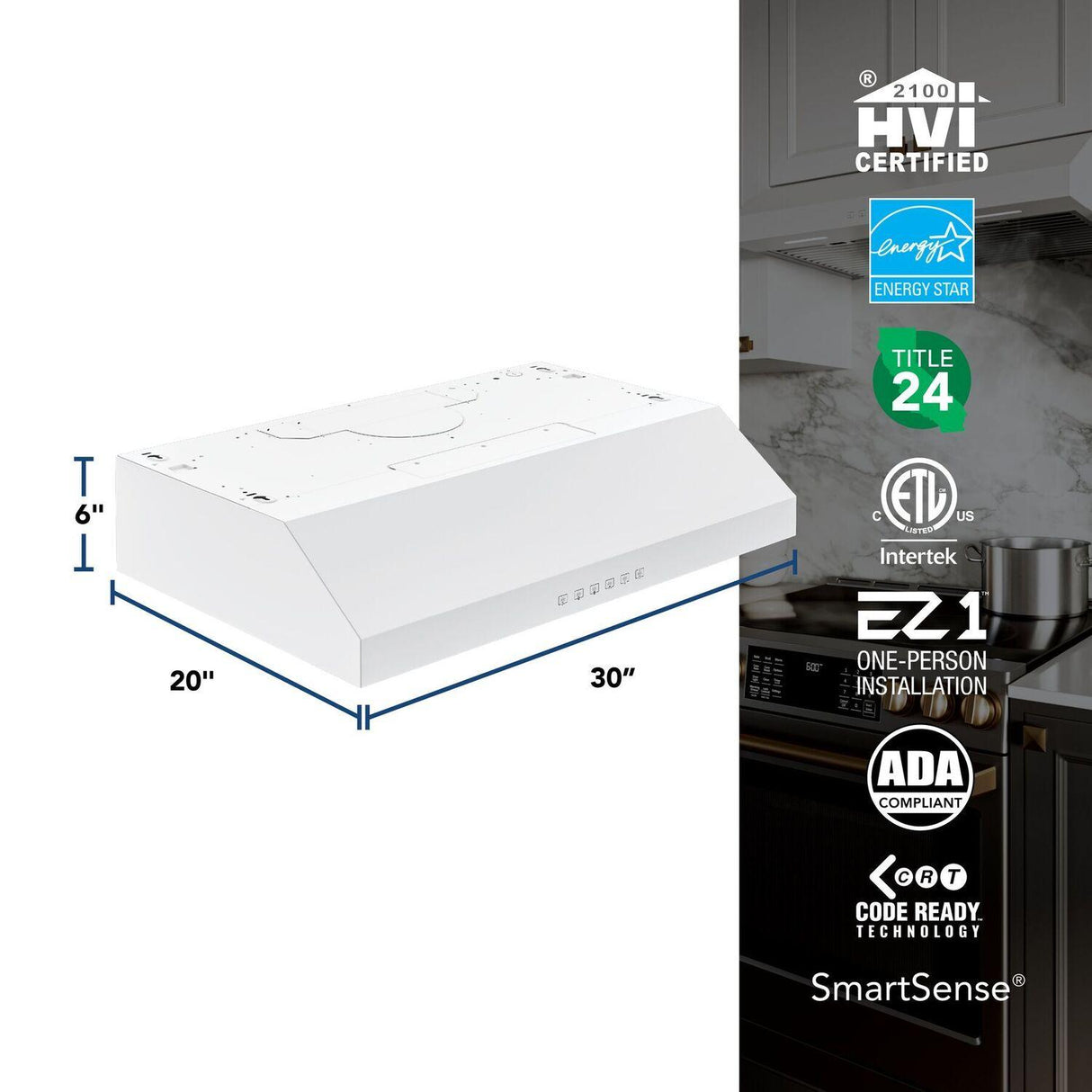 Glacier 30-Inch 490 MAX Blower CFM 1.0 Sones White Range Hood