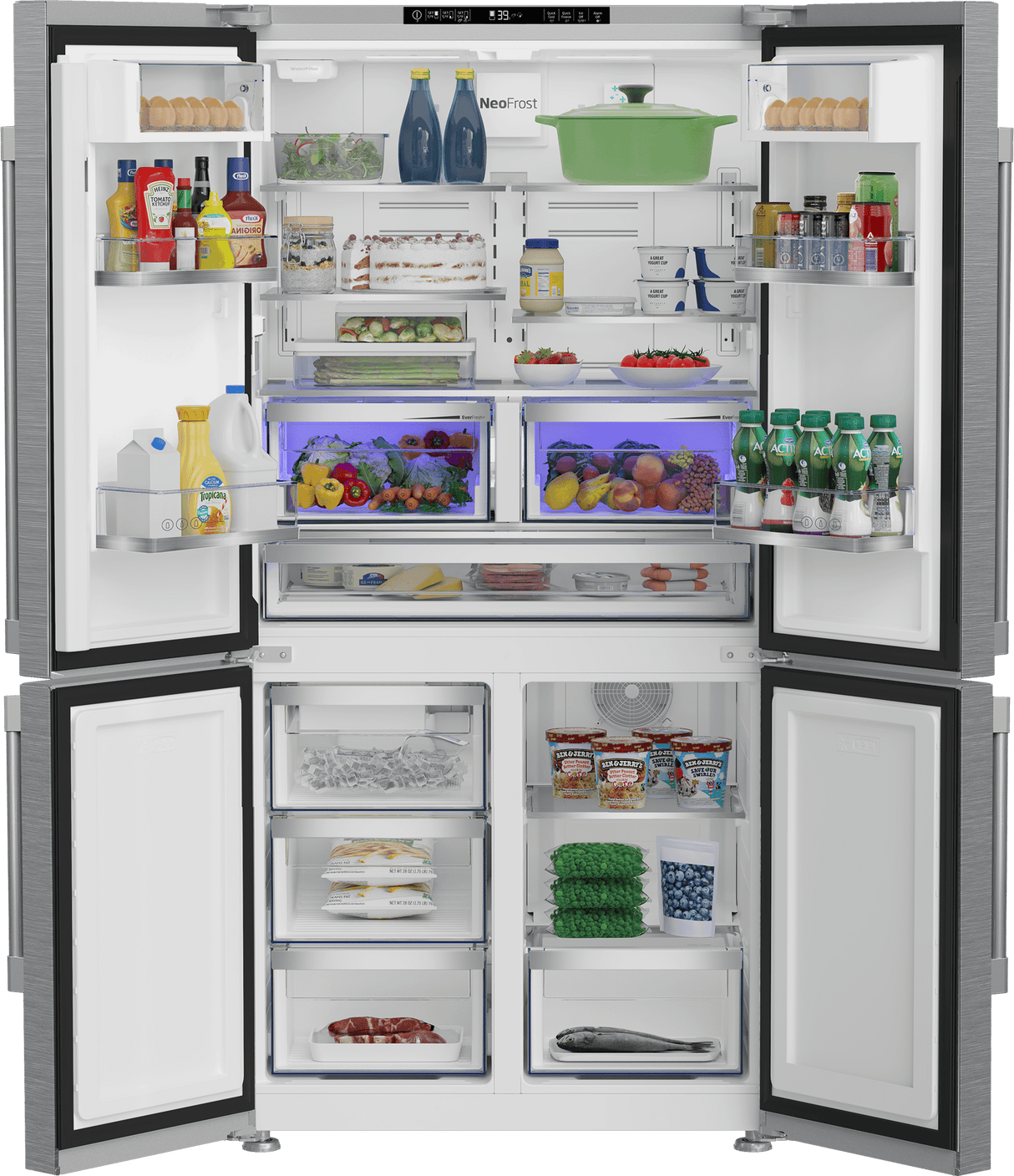 36" French Four-Door Stainless Steel Refrigerator with auto Ice Maker, Water Dispenser