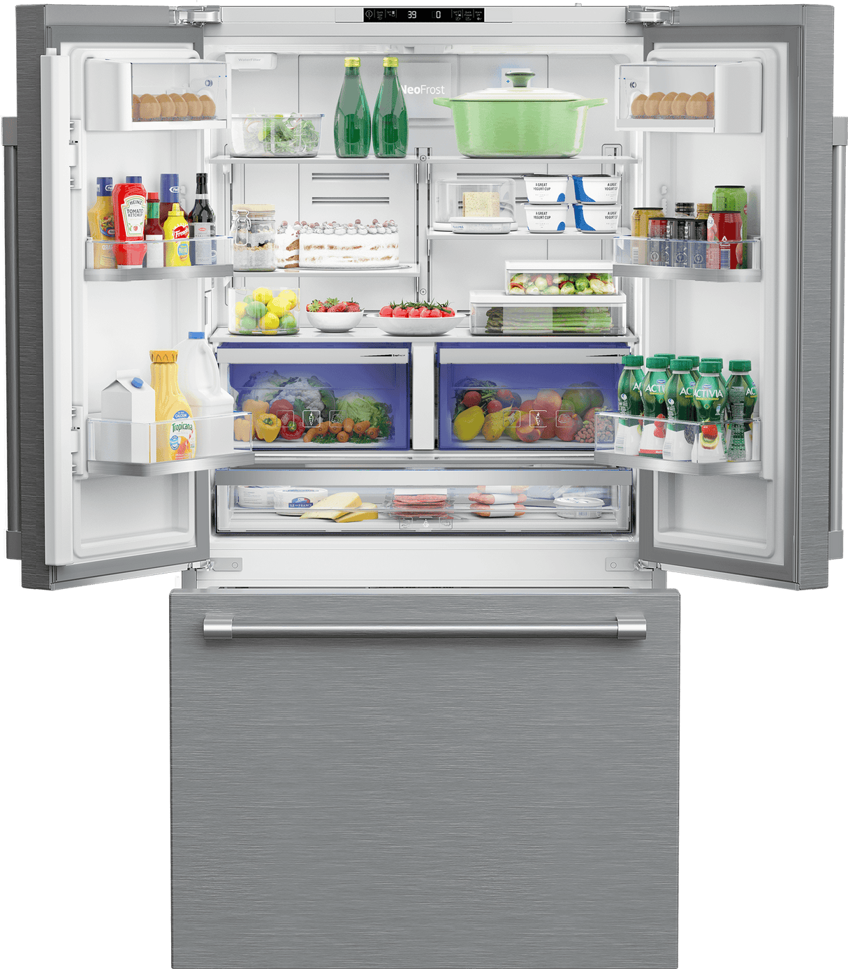 36" French Three-Door Stainless Steel Refrigerator with Auto Ice Maker, Water Dispenser