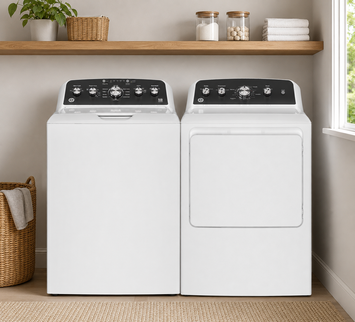 GE Top Load Washer and Gas Dryer in White