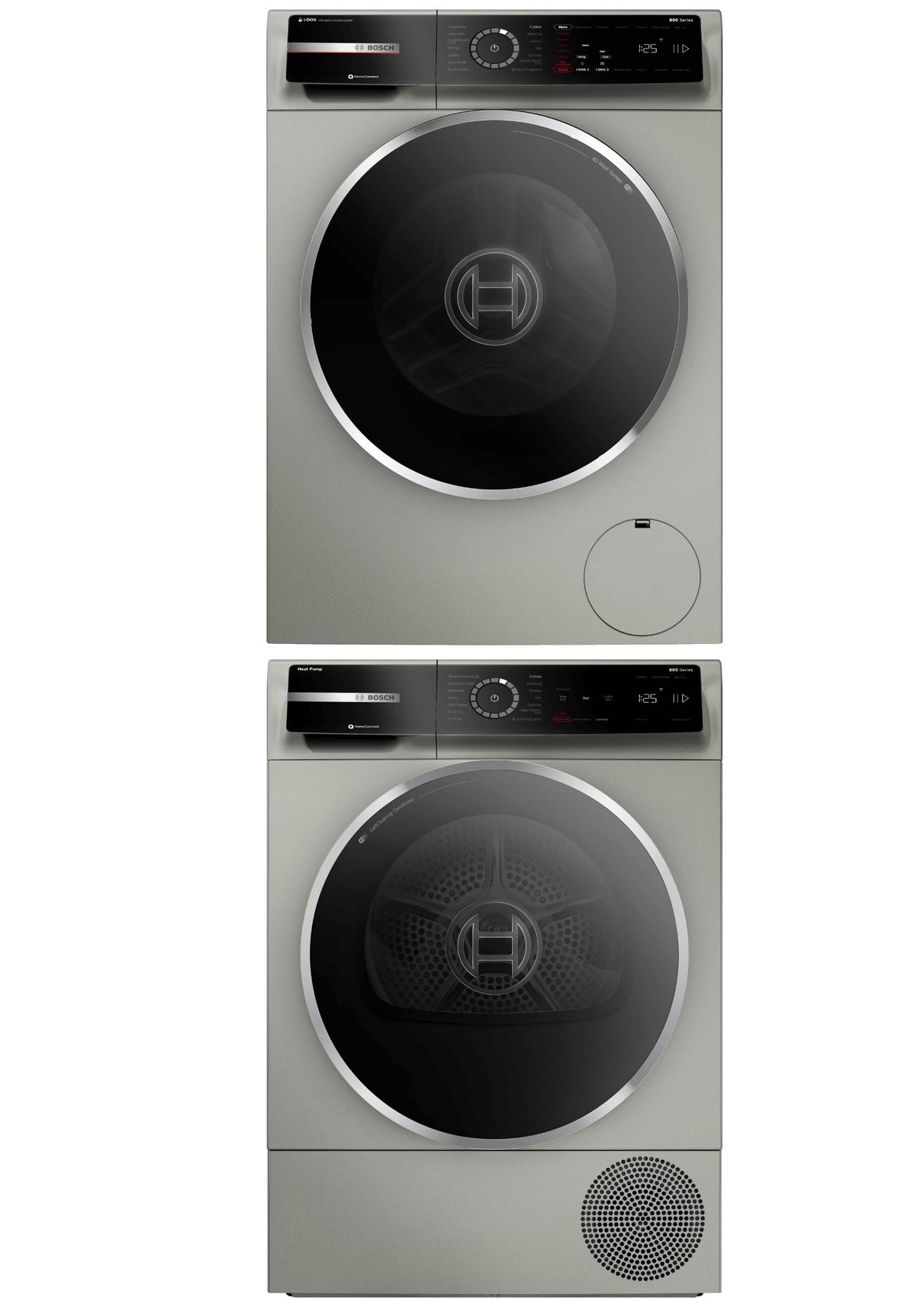 24 Inch 800 Series Washer and Heat Pump Dryer Package with Stacking Kit — Pearl Steel