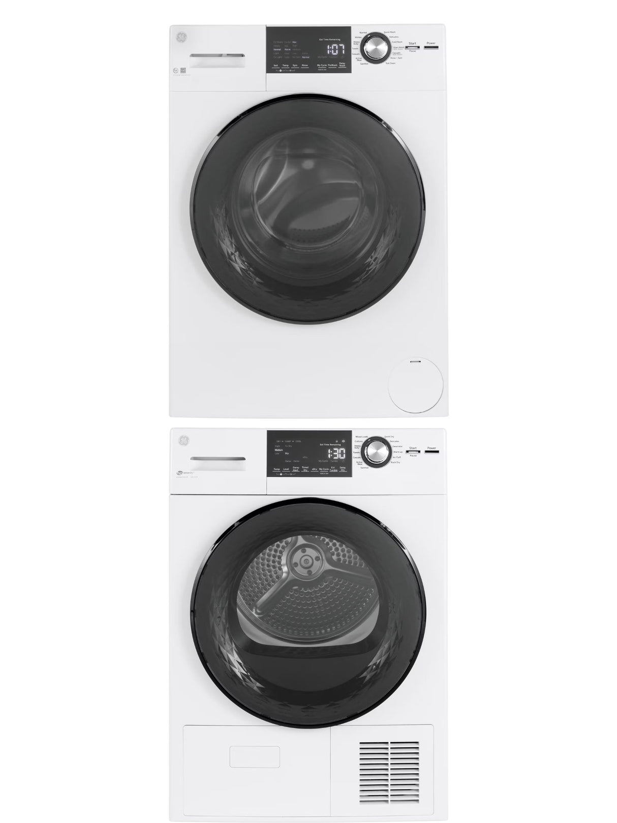 GE Energy Star 24 Inch Front Load Washer/Electric Dryer Bundle with Stacking Kit in White