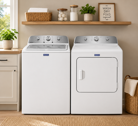 Maytag Top Load Washer and Gas Wrinkle Prevent Dryer Bundle in White